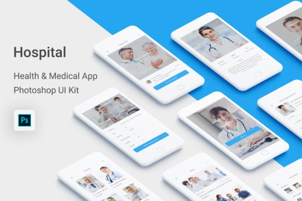 医院/健康/医疗APP应用程序UI设计套件PSD模板 Hospital – Health & Medical Mobile App (Photoshop)