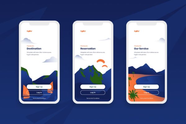 旅行旅游主题APP注册登录界面设计模板素材 Onboarding Screens Mobile App