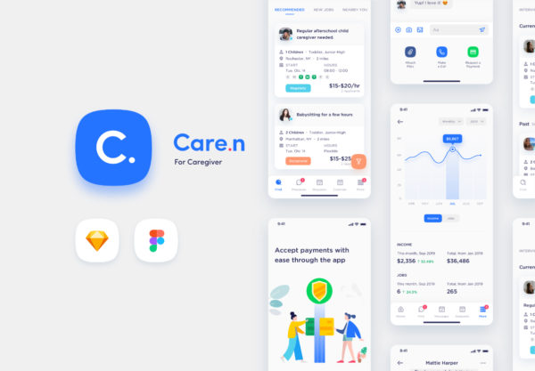 蚂蚁素材下午茶：儿童保育护理宠物护理等家政项目的APP UI KIT套装文件[Sketch,Fig]