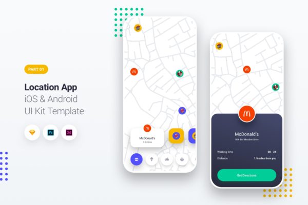 导航定位APP应用我的位置界面设计模板素材 Location App iOS & Android UI Kit Template 1