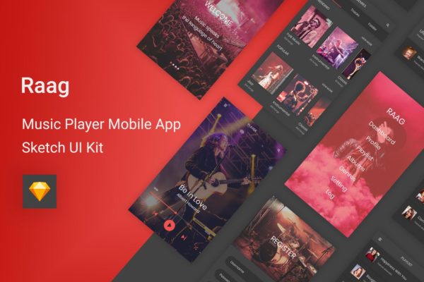 在线音乐听歌APP应用UI设计SKETCH设计素材模板 Raag – Music Player UI Kit for Sketch