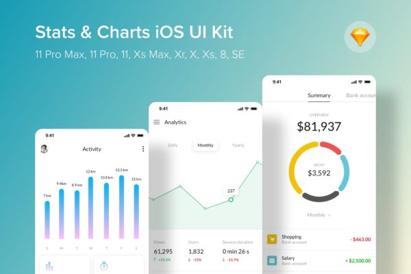iOS平台数据统计信息图表界面UI设计套件SKETCH设计素材模板 Stats & Charts iOS UI Kit (Sketch)
