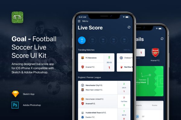 足球实时比分APP应用UI设计模板素材 Goal – Football Soccer Live Score UI Kit Template