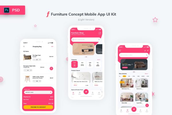 网上家具商城APP应用UI设计模板素材[日间版本] Furniture App UI Kit Light Version