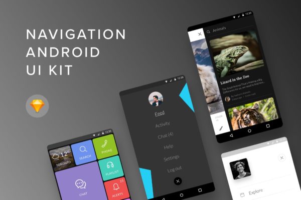 Android平台APP应用导航菜单设计SKETCH设计素材模板 Navigation Android UI Kit (Sketch)