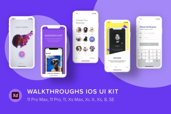 iOS平台APP应用功能引导页设计模板素材[for XD] Walkthroughs iOS UI Kit (Adobe XD)