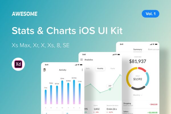 iOS平台APP应用统计和图表界面设计Ui Kits素材套件v1[XD] Awesome iOS UI Kit – Stats & Charts Vol. 1 (XD)