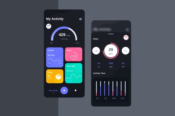 健康监测APP应用监控数据概况界面UI模板[夜间版本] Health Control Basic UI Kit – FV