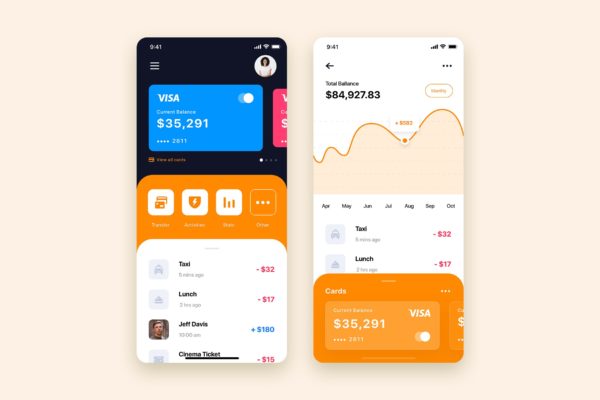 电子钱包APP首页&银行卡明细界面设计模板素材 Mobile Wallet App UI Kit Template