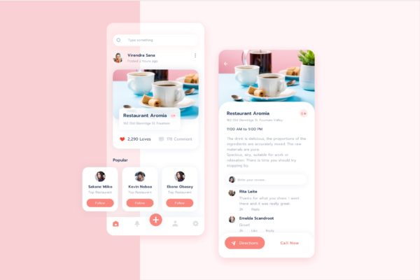 美食餐厅点评APP应用界面设计模板素材 Restaurant Food Review Application UI – FV