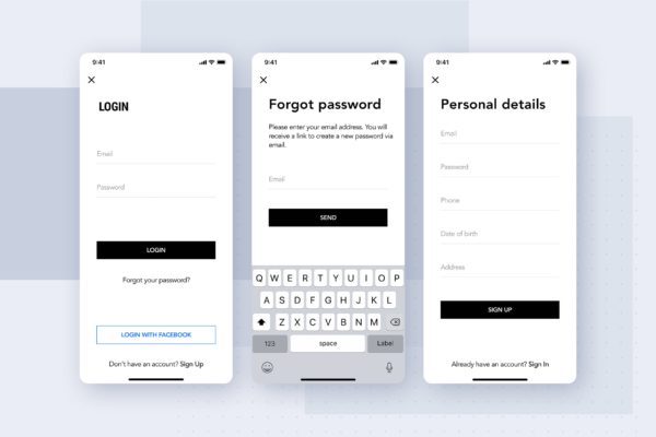 极简设计风格APP应用注册登录界面UI设计模板素材 Login UX Flow for Mobile App