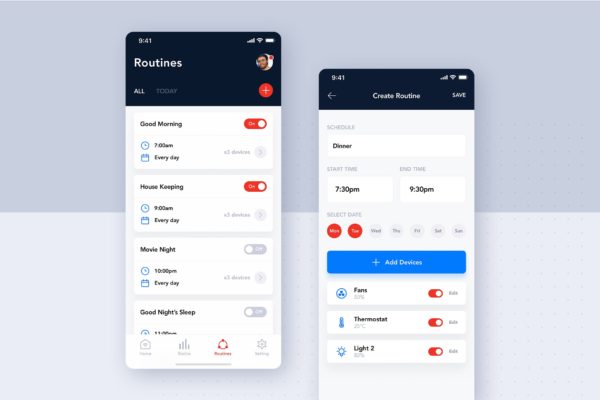 智能家居APP应用设备管理界面设计SKETCH设计素材模板 Routines listing for mobile UI template