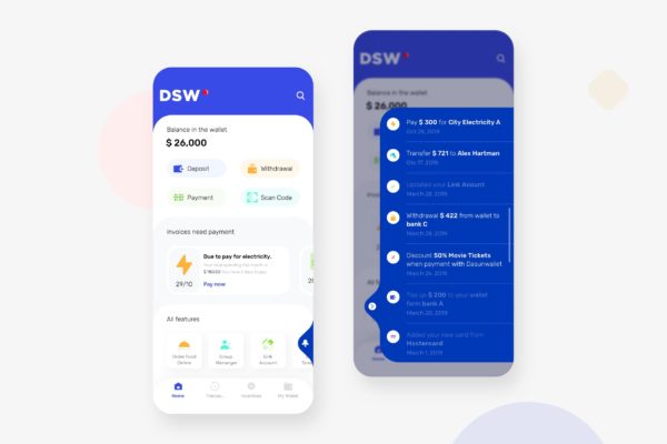 电子钱包APP应用主页&交易记录界面UI设计模板素材 DasunWallet Mobile UI – N