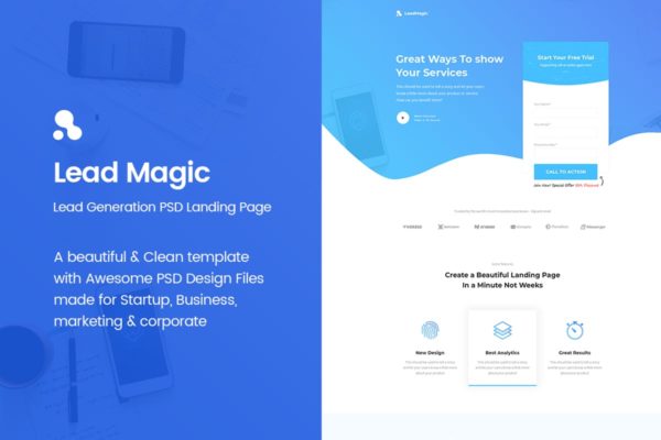 简约现代创业项目网站着陆页PSD分层设计模板素材 LeadMagic – Lead Generation PSD Landing Page