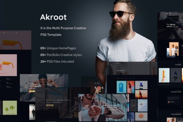 酷黑风格时尚大气创意产品网站PSD分层设计模板素材 Akroot | It is the Multi-Purpose Creative PSD