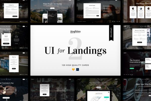着陆页卡片式模板UI设计套件模板素材[Sketch&PS] Singleton 2 for Sketch & PS