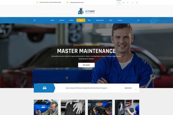 汽车维修汽配服务企业网站PSD分层设计模板素材 Automov – Car Repair, Auto Car Services PSD Templa