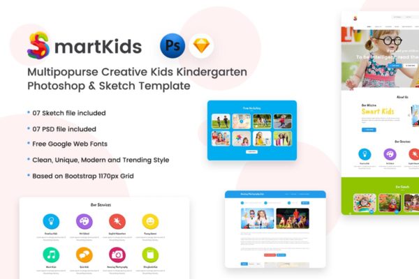 创意幼儿园儿童乐园主题网站设计模板素材[SKETCH&PSD] Creative Kids Kindergarten PSD & Sketch Template