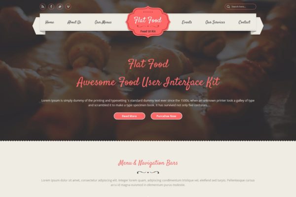 扁平风格食品/餐馆/咖啡品牌网站UI设计模板素材 Flat Food – Food, Restaurant, Cafe UI Kit