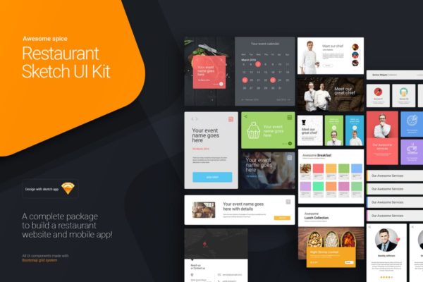 西餐餐馆品牌APP&网站UI设计模板素材 Awesome spice – Restaurant Sketch UI kit