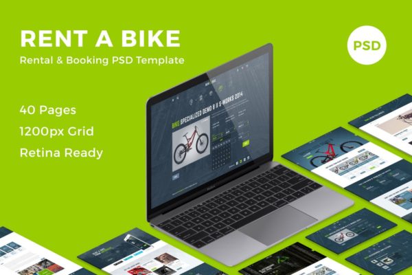 共享单车网页设计PSD分层设计模板素材 Rent a Bike – Rental & Booking PSD Template