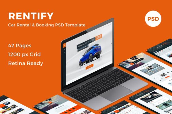 汽车租赁和预订网站设计PSD分层设计模板素材 Rentify – Car Rental & Booking PSD Template