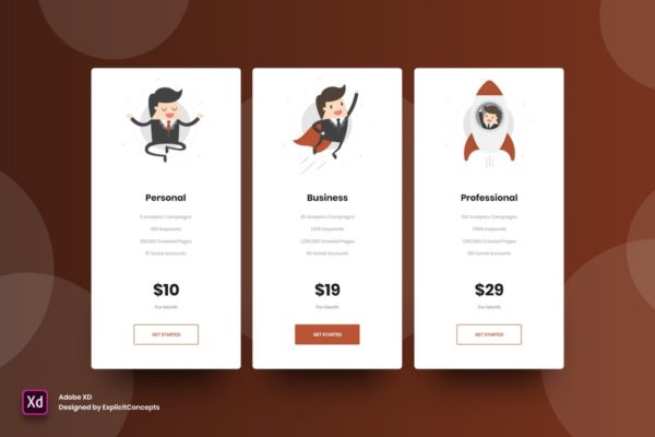 SEO服务套餐网站价格表单UI设计模板素材 for XD SEO Pricing Table – Adobe XD