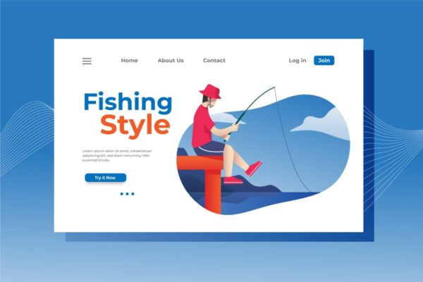 垂钓钓鱼钓具主题业务落地页模板设计 Fishing Style Landing Page Illustration