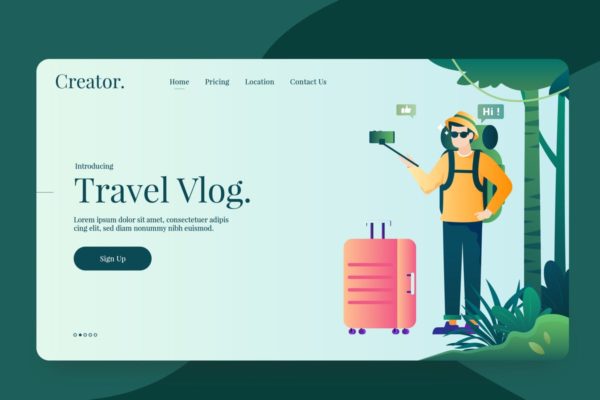 视频博客Vlogger创意插画着陆页PSD分层设计模板素材 Vlogger Vector Illustration