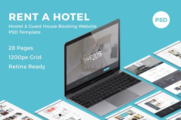 酒店在线预订系统网站PSD分层设计模板素材 Rent a Hotel – Booking Website PSD Template