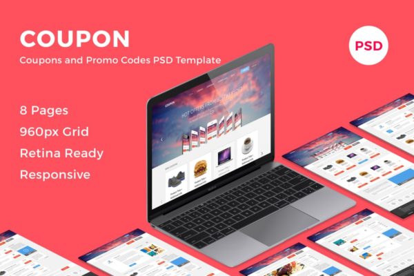 网购优惠券&优惠码网站平台PSD分层设计模板素材 Coupon – Coupons and Promo Codes PSD Template