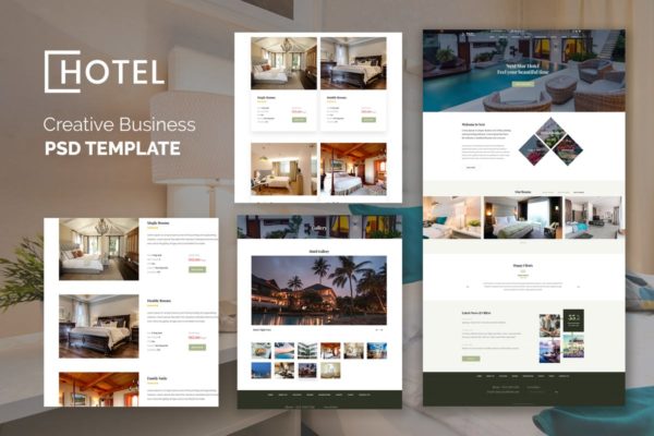 豪华酒店预订系统创意网站设计PSD分层设计模板素材 Hotel Resort Booking Luxury Creative PSD Template
