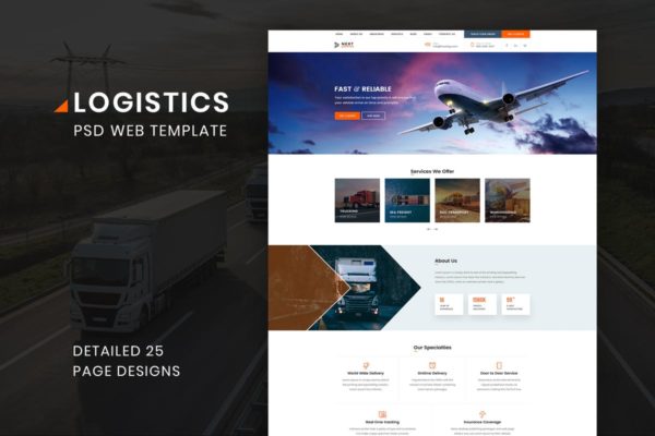 交通运输快递物流公司网站PSD分层设计模板素材 Logistics Transportation Shipping Agency Business