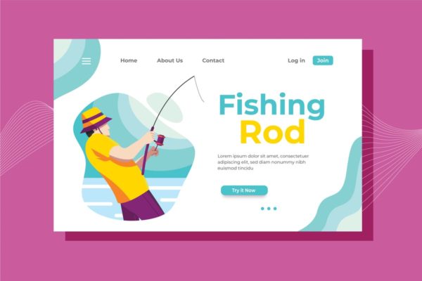 钓鱼竿钓具品牌网站着陆页UI设计模板素材 Fishing Rod Landing Page Illustration