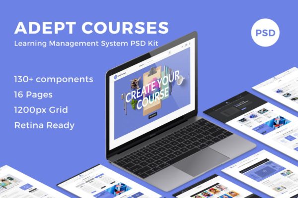 在线学习系统官网设计PSD分层设计模板素材 Adept Courses – Learning Management System PSD Kit