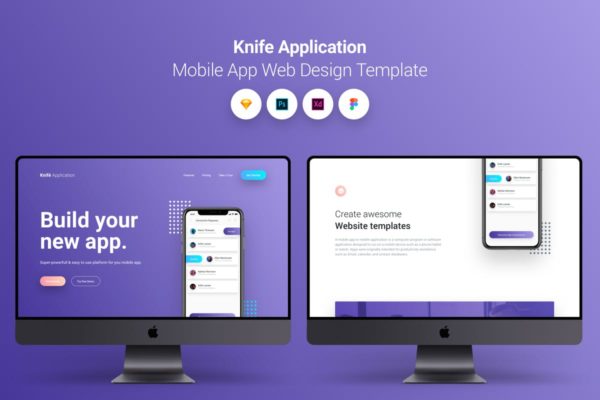 手机应用APP开发业务网站着陆页设计UI设计模板素材 Knife Application Mobile App Landing Page Temlate
