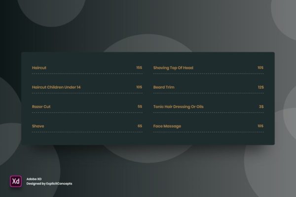 理发沙龙服务套餐网站价格表单UI界面设计 for XD Barber Pricing Table – Adobe XD