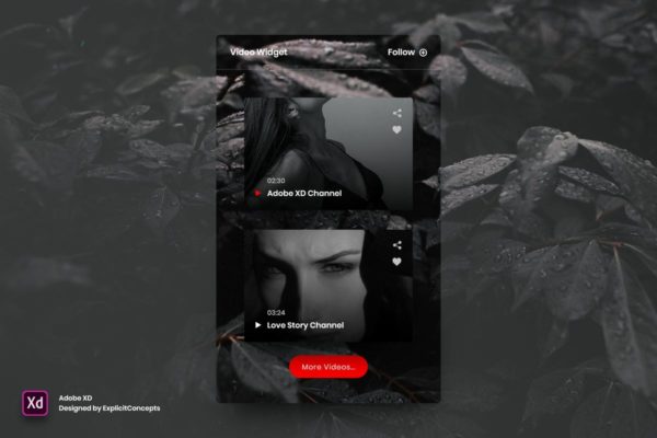 视频播放组件UI设计模板素材 Video Widget – Adobe XD