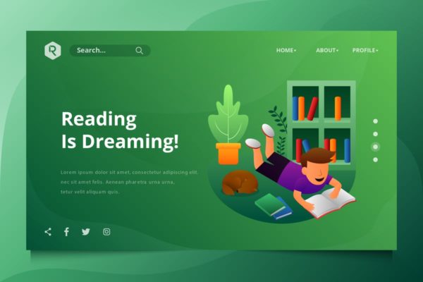 阅读场景矢量插画网站落地页模板设计 Reading The Book Web Header Vector Template