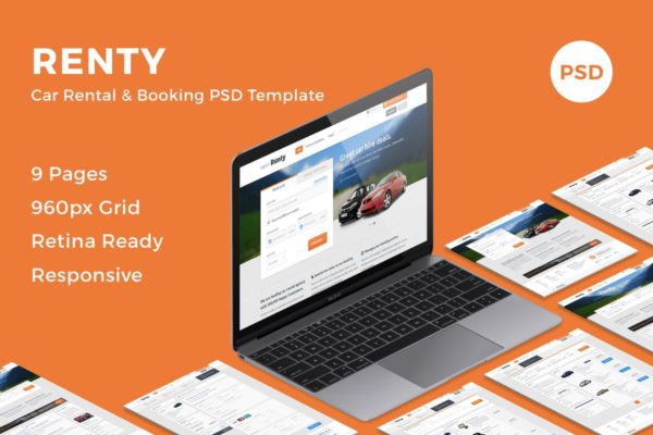 汽车租赁&销售网站设计PSD分层设计模板素材 Renty – Car Rental & Booking PSD Template