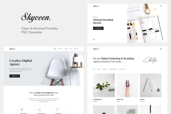 极简主义风格创意作品展示网站PSD分层设计模板素材 Skyveen – Minimal & Clean Portfolio PSD Template