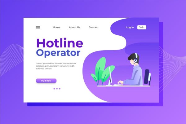 客服热线场景概念插画落地页模板设计 Hotline Operator Landing Page Illustration