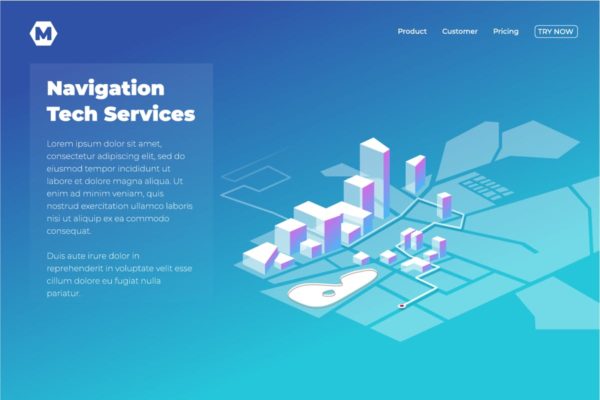 GPS导航应用产品落地页模板设计 GPS online map navigation. Landing page desain in