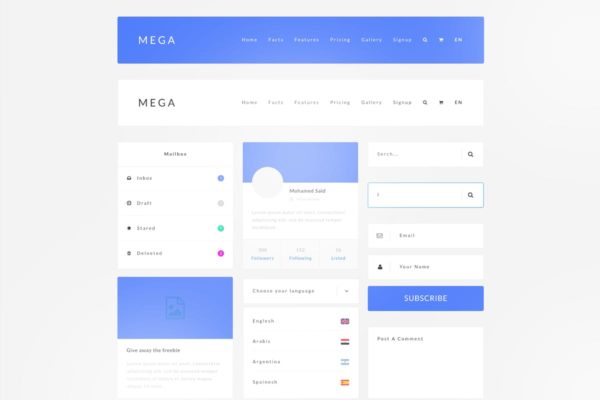 简约现代设计风格Web用户界面UI设计模板素材 Mega Ui Kit
