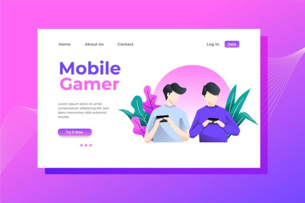 移动游戏矢量插画网站着陆页设计模板素材 Mobile Gamer Landing Page Illustration