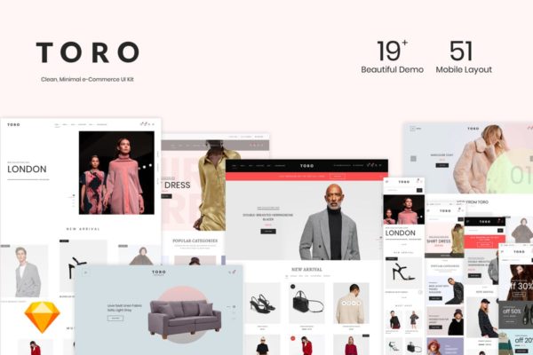 简约风格电商外贸网站设计模板素材UI设计套件模板素材 TORO – Clean, Minimal e-Commerce UI Kit