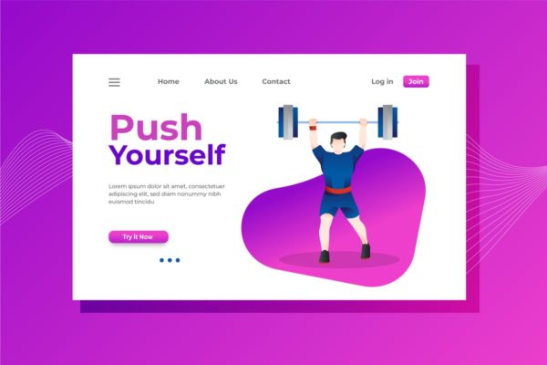 自我营销概念插画创意着陆页设计模板素材 Push Yourself Landing Page Illustration
