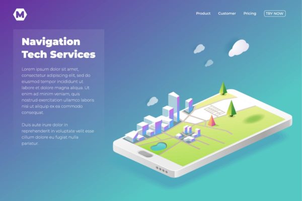 手机GPS导航APP应用网站落地页模板设计 Online Navigation template in isometric vector