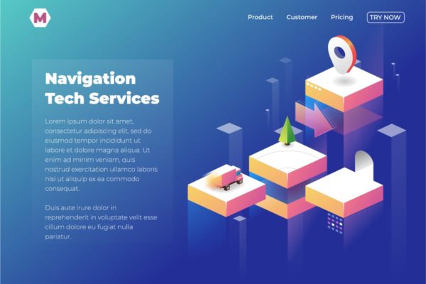 GPS导航技术服务网站着陆页设计UI设计模板素材 Navigation service web landing page. Vector isomet