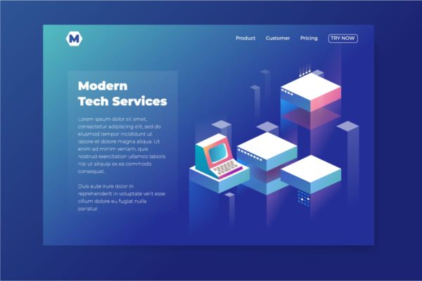 现代信息技术服务概念插画着陆页UI设计模板素材 Tech Theme isometric landing page for company webs